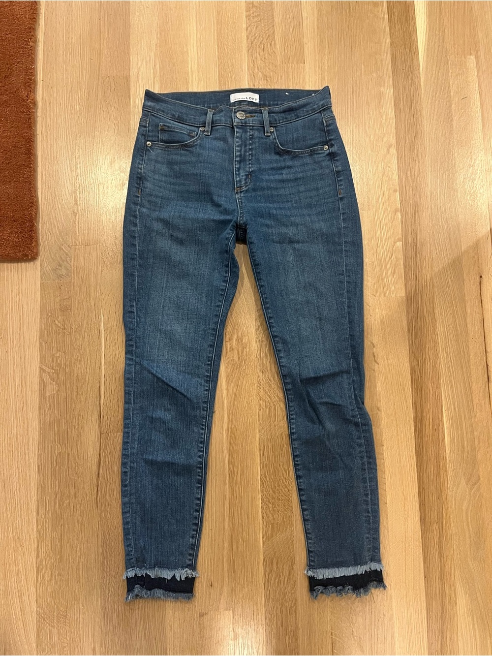LOFT Dark Blue High-Rise Ankle Skinny Jeans with Frayed Hem